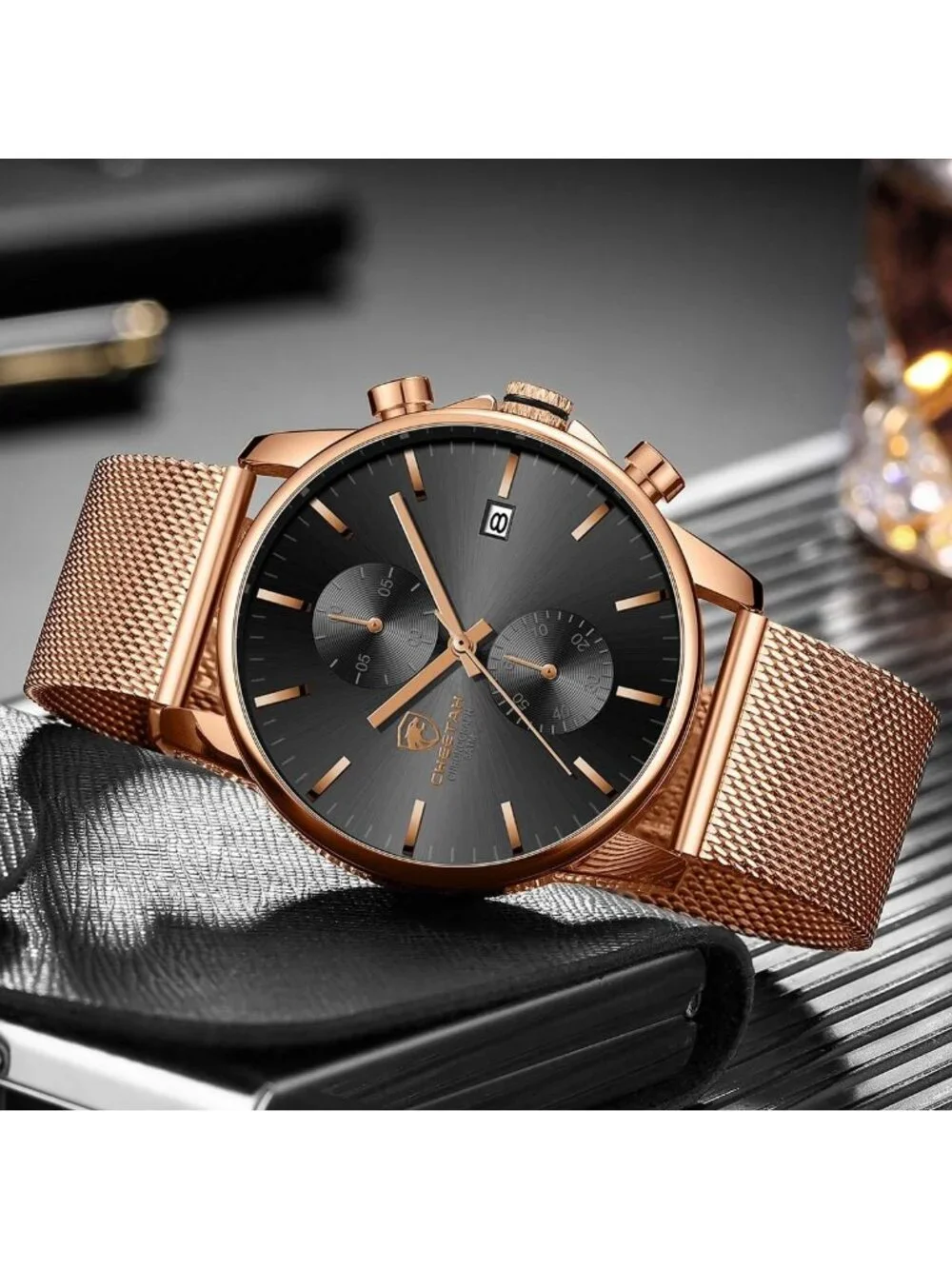 Men's Rose Gold Black Mesh Stainless Steel Minimalist Analog Chronograph Watch